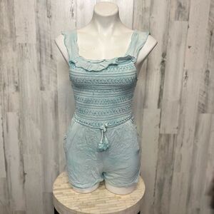 Light Blue Smocked Romper Womens Size Small XS Ruffle Trim Tie Waist Beach